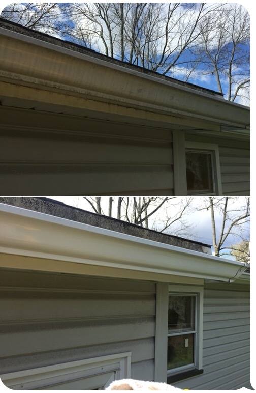 Before and after gutter cleaning showing clogged and clean roofline gutters